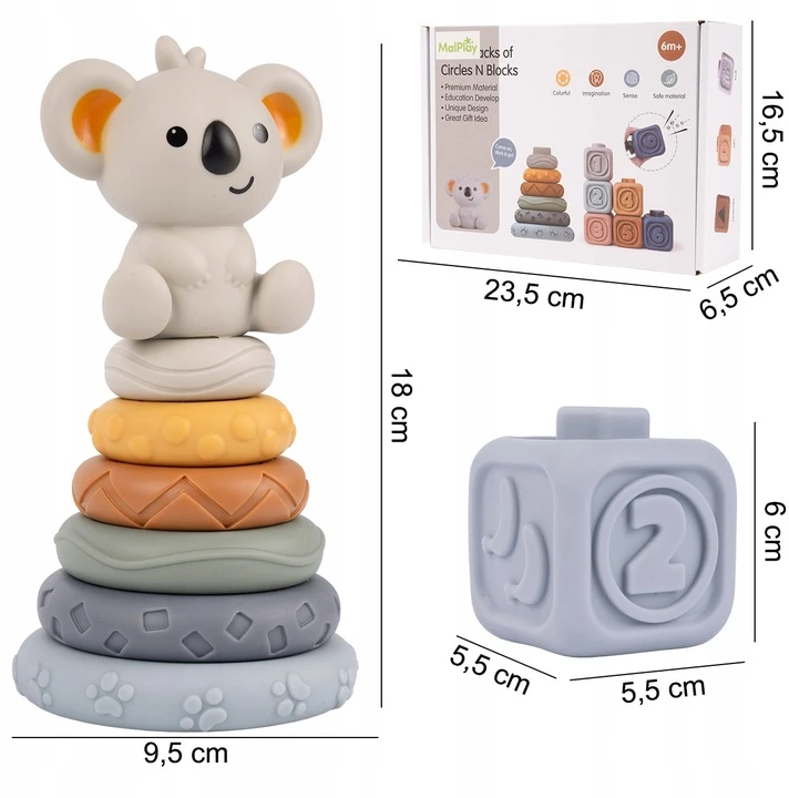 MALLE SENSORY GUMINIAI BLOKAI SOFT CREATIVE MONTESSORI TOWER PYRAMID 13 EL