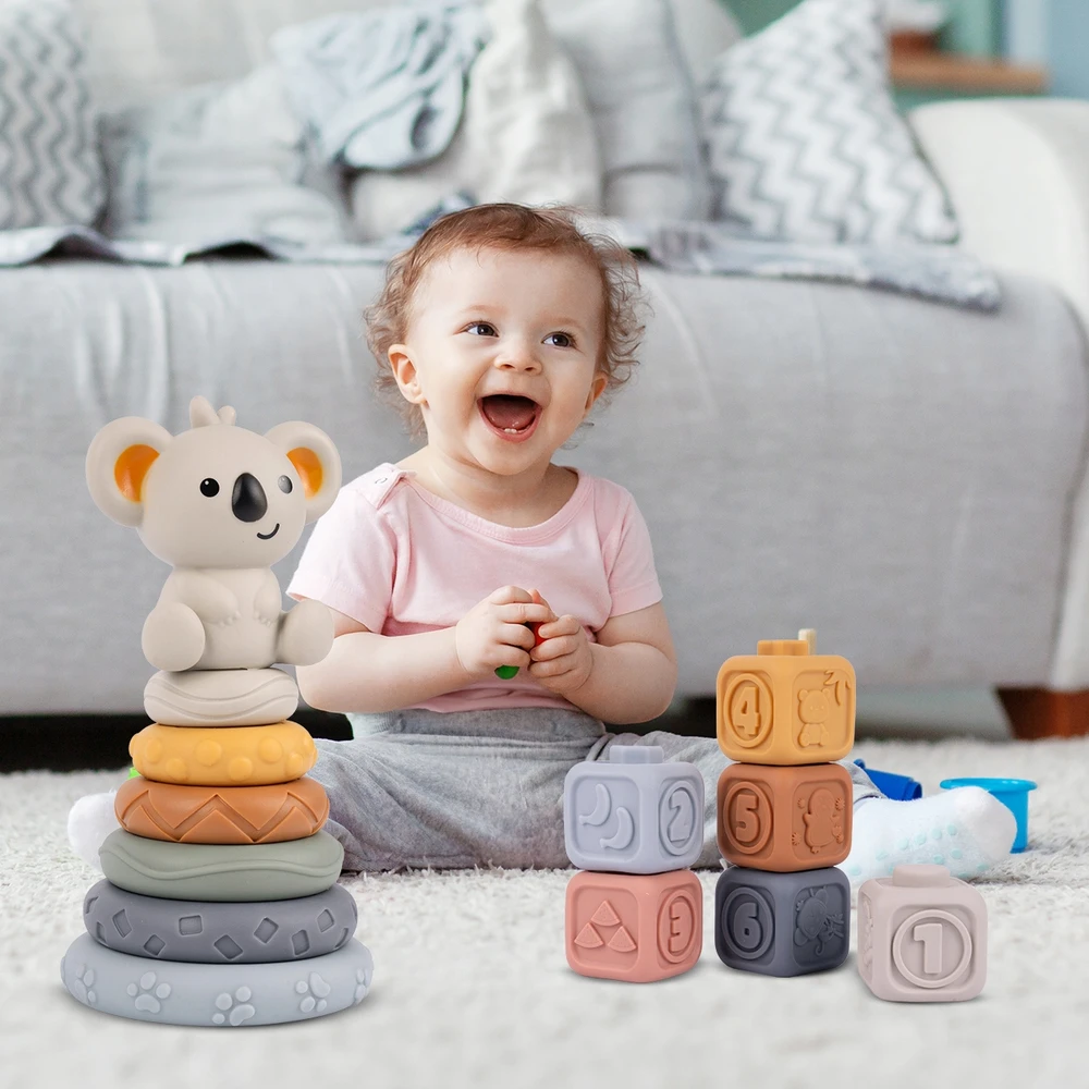 MALLE SENSORY GUMINIAI BLOKAI SOFT CREATIVE MONTESSORI TOWER PYRAMID 13 EL