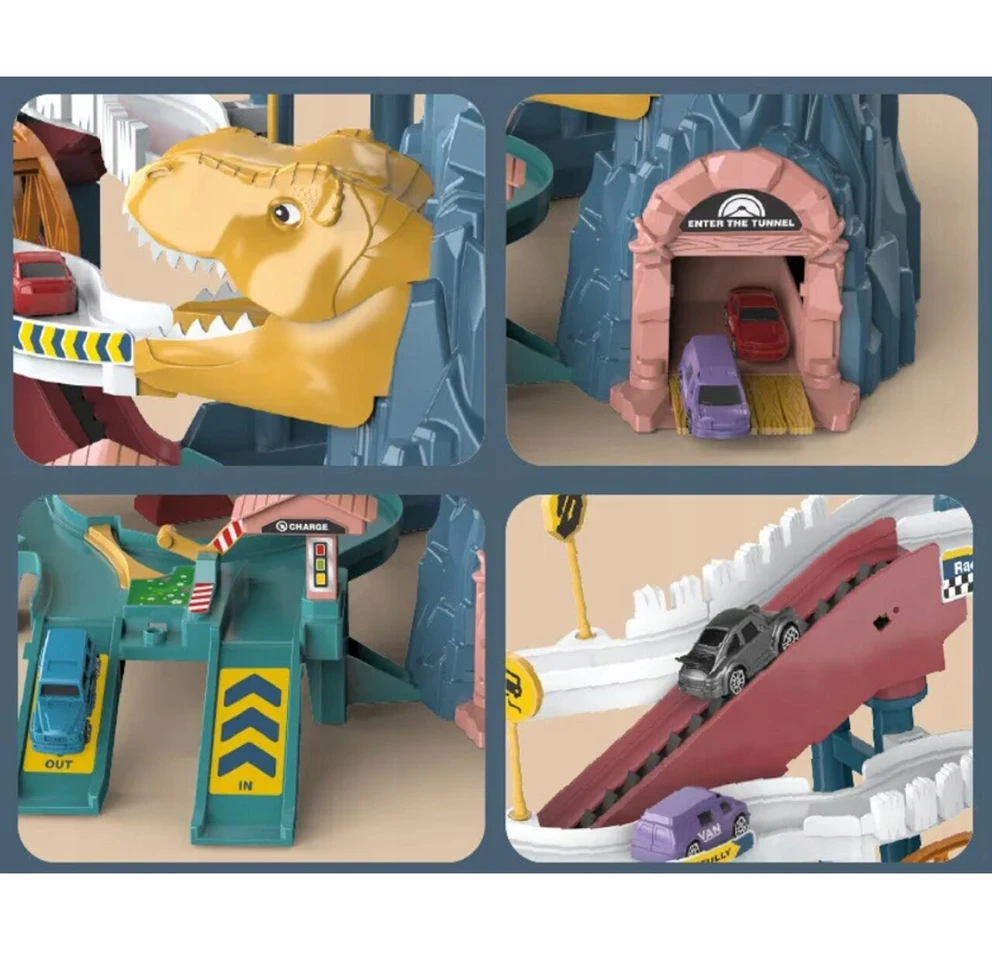 MALLE SET Traukinių lenktynių trasos stovėjimo aikštelė Dinosaur 4 Cars Elektrinis lifto tunelis