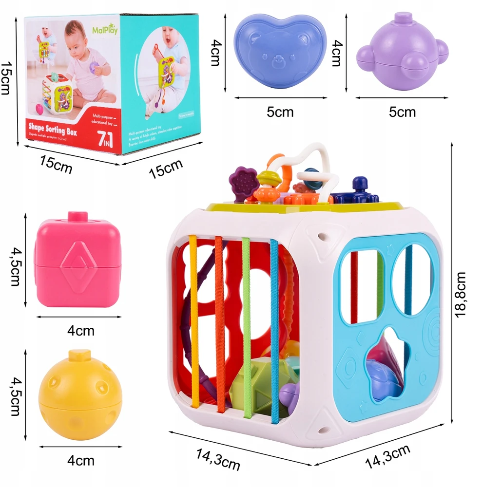 Malplay MONTESSORI Block SORTER GUMINIAI DAUGIAUSIŲ JAUTIMŲ UGDYMO KUBAS 7IN1