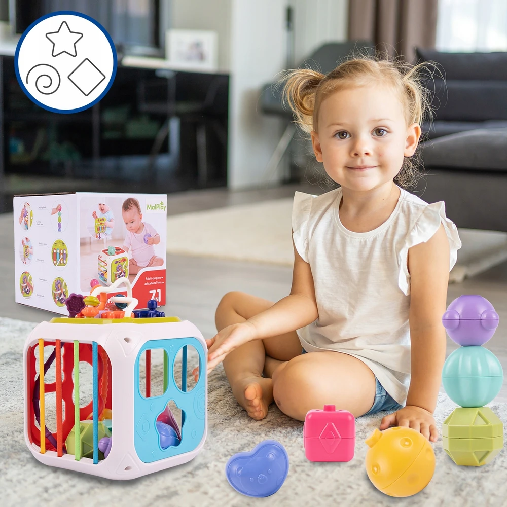 Malplay MONTESSORI Block SORTER GUMINIAI DAUGIAUSIŲ JAUTIMŲ UGDYMO KUBAS 7IN1