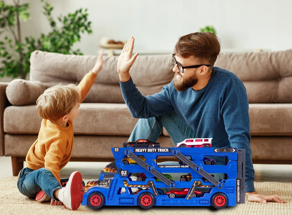 Malplay Žaislinis sunkvežimis vilkikas su paleidimo įranga ir 8 automobiliais