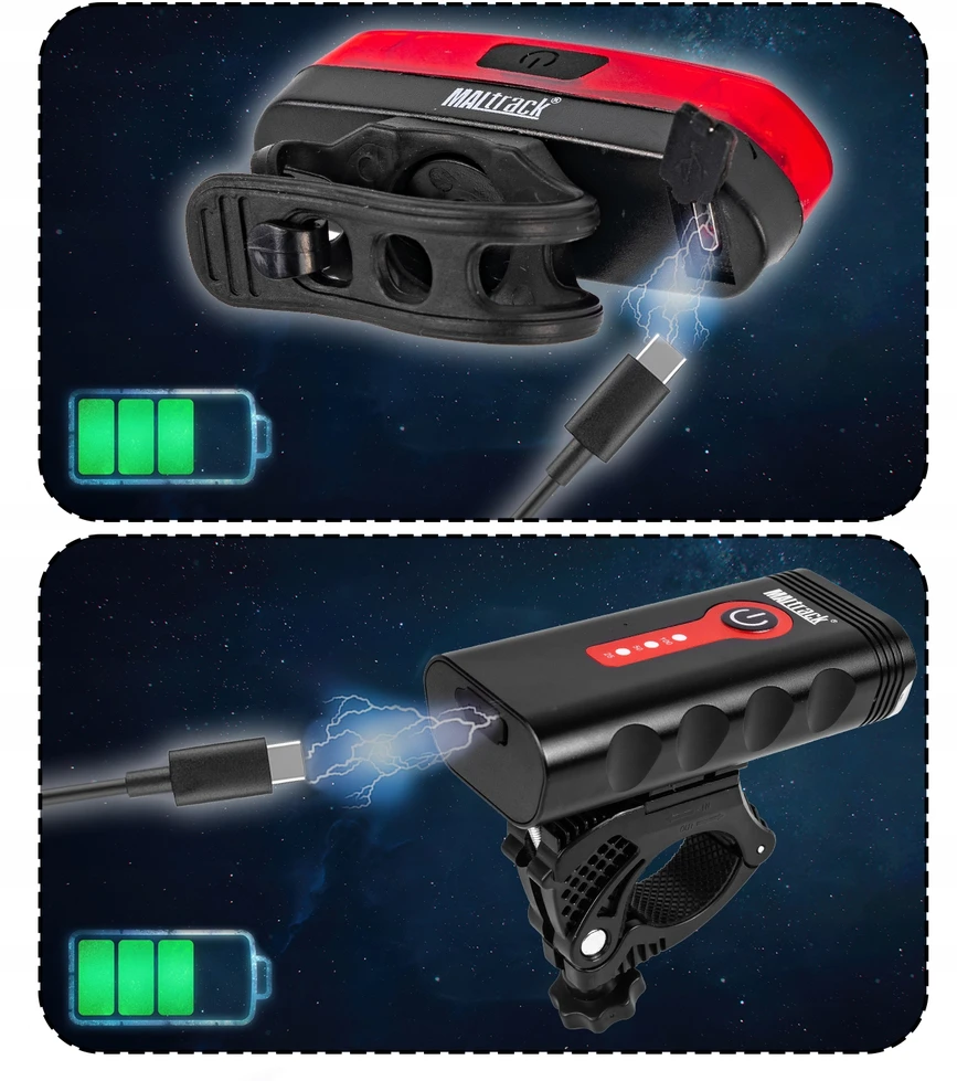 Maltrack Įkraunamas dviračio apšvietimas USB kabelis PRIEKINĖ GALINĖ LED 360 laipsnių