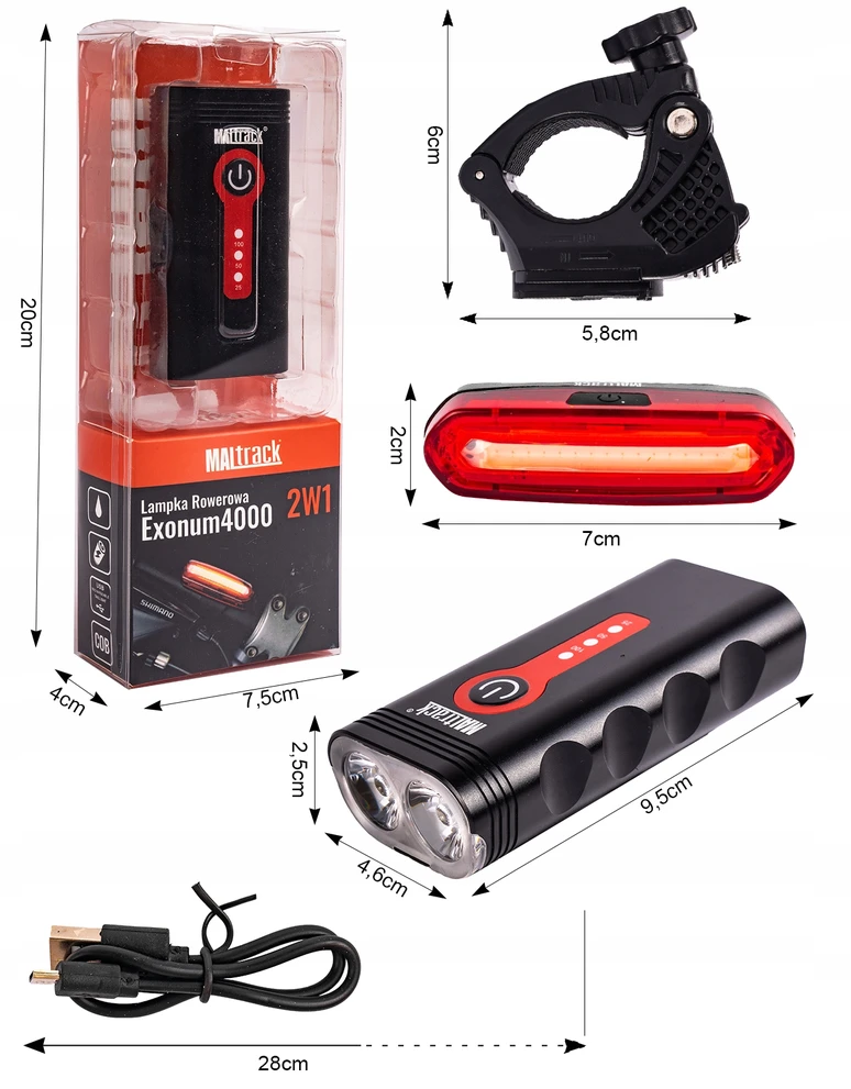 Maltrack Įkraunamas dviračio apšvietimas USB kabelis PRIEKINĖ GALINĖ LED 360 laipsnių