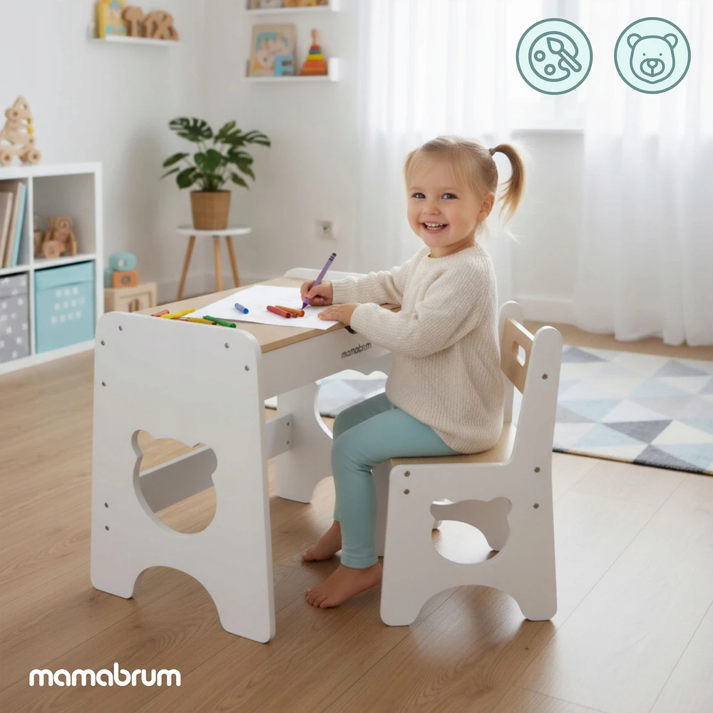 Mamabrum Baltas medinis stalas su kėde Teddy - rašomasis stalas su stalčiumi