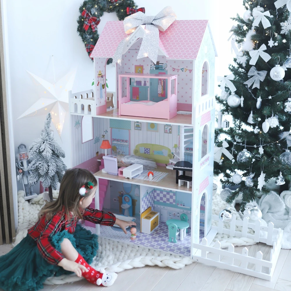 Mamabrum Didelis XXL medinis lėlių namelio baldų komplektas su LED apšvietimu
