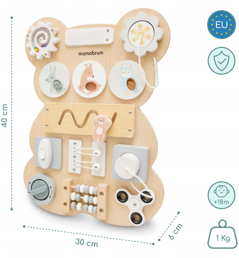 Mamabrum Medinė Montessori meškiuko manipuliavimo lenta – jutimų mokymasis