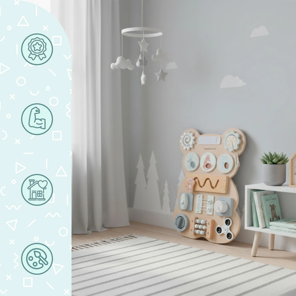 Mamabrum Medinė Montessori meškiuko manipuliavimo lenta – jutimų mokymasis