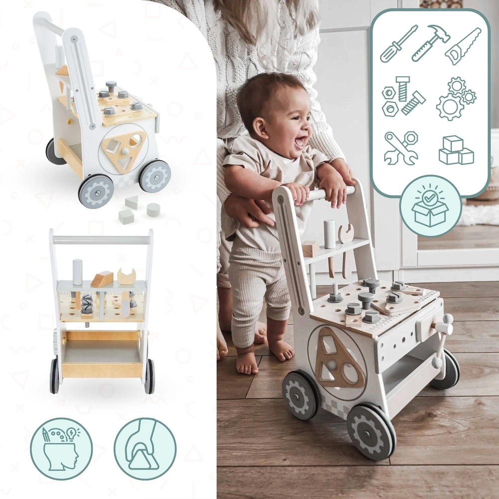 Mamabrum Medinės dirbtuvės vaikams 3in1 Walker Vežimėlis Vežimėlis 47 elementai Tvirtas
