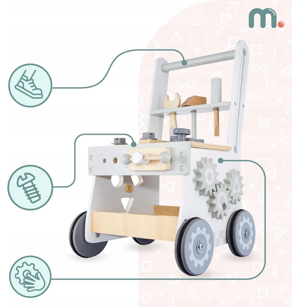 Mamabrum Medinės dirbtuvės vaikams 3in1 Walker Vežimėlis Vežimėlis 47 elementai Tvirtas