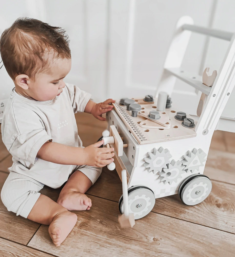 Mamabrum Medinės dirbtuvės vaikams 3in1 Walker Vežimėlis Vežimėlis 47 elementai Tvirtas