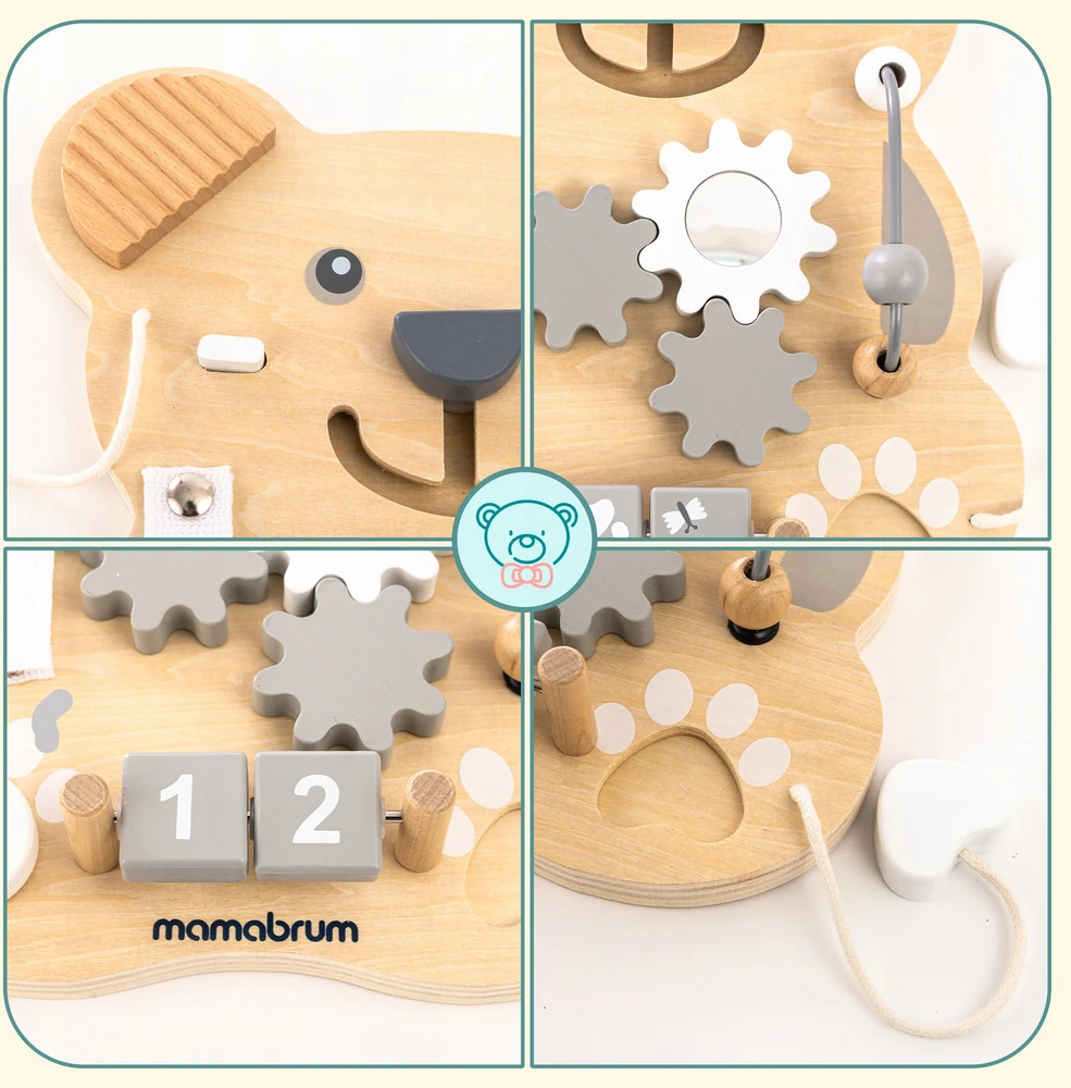 Mamabrum Montessori 10-in-1 medinė manipuliavimo lenta Sensory meškiukas