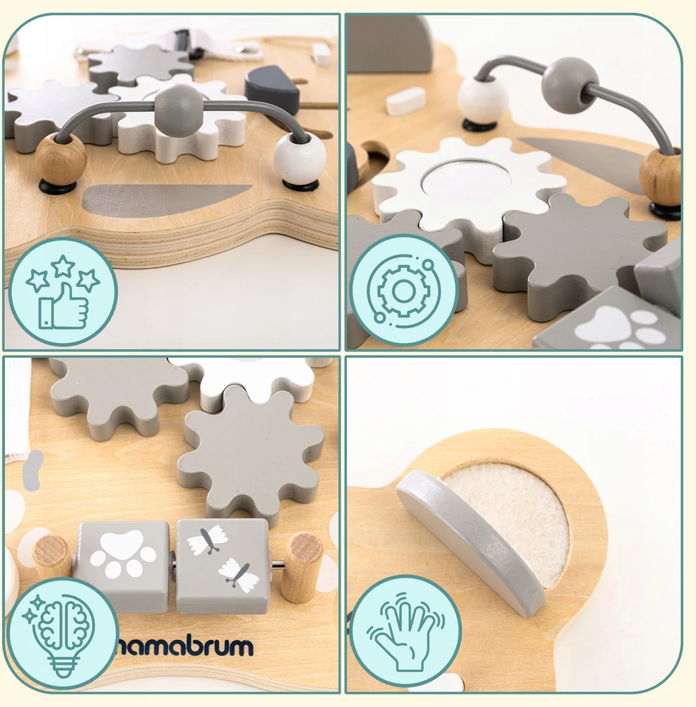 Mamabrum Montessori 10-in-1 medinė manipuliavimo lenta Sensory meškiukas