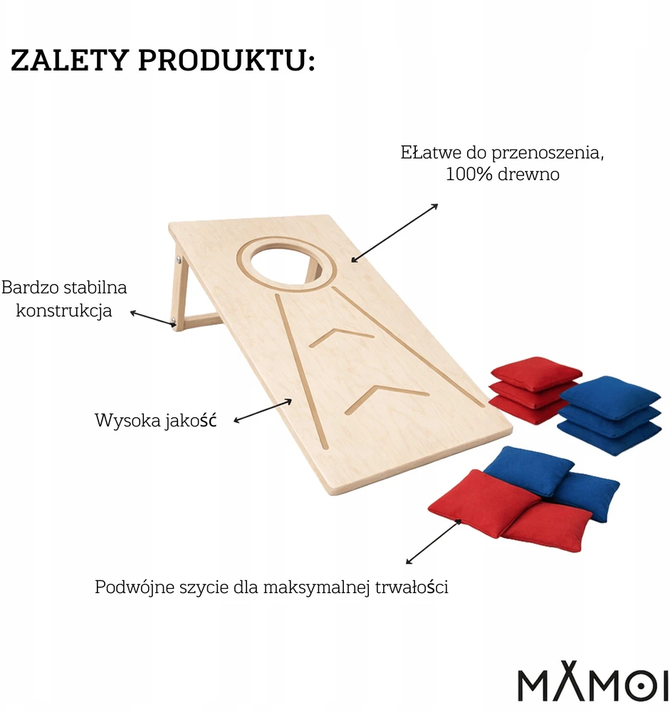 Mamoi Žaidimas CORHOLE vaikams ir suaugusiems, Metimo lenta + 10 maišų