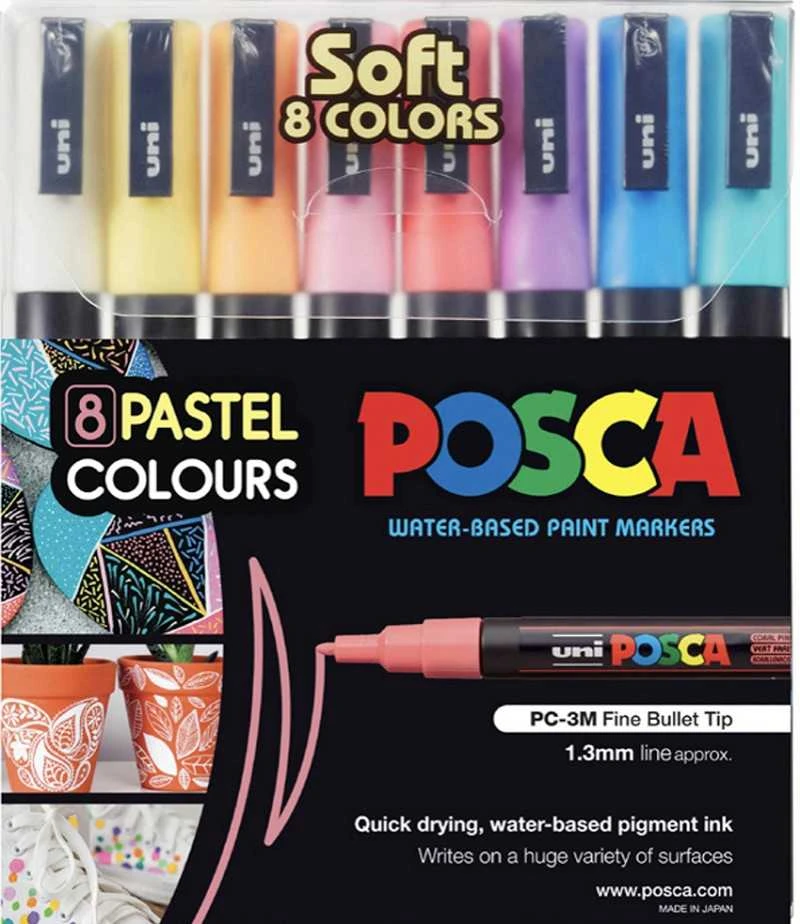 Uni Posca - PC3M - Rašiklis su plonu antgaliu - švelnios spalvos, 8 vnt