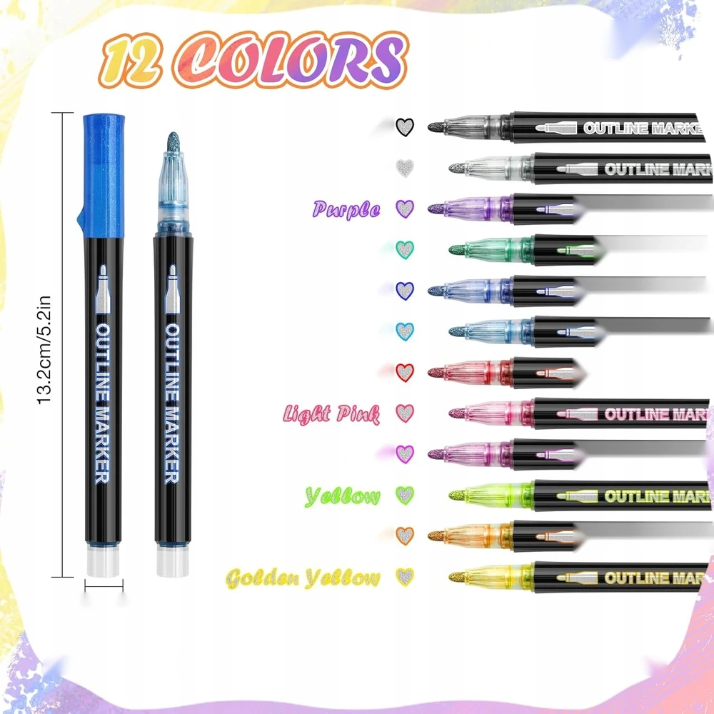 MARKERS 12 Vnt. GLITTER METALIC CONTOUR KREATIVNE „pasidaryk pats“ rašikliai