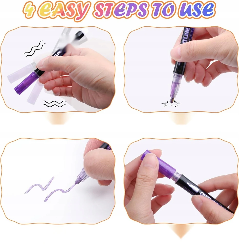 MARKERS 12 Vnt. GLITTER METALIC CONTOUR KREATIVNE „pasidaryk pats“ rašikliai