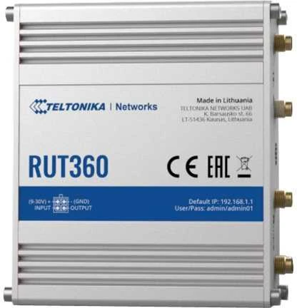 Teltonika | Pramoninis korinio ryšio maršrutizatorius | RUT360 LTE CAT6 | 1 x LAN jungtis, 10/100 Mbps, atitinka IEEE 802.3, IEEE 802.3u standartus, palaiko automatinį MDI/MDIX perjungimą, Mbit/s | Ethernet LAN (RJ-45) jungtys, 2 x RJ45 jungtys, 10/100 Mbps | Mesh palaikymas: Ne | MU-MiMO: Taip | 3G/4G duomenų bendrinimas | Antenos tipas: 2 x SMA, skirta LTE, 2 x RP-SMA, skirta WiFi