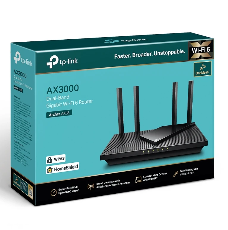 TP-LINK Dviejų juostų Wi-Fi 6 Maršrutizatorius Archer AX55 AX3000, 802.11ax, 10/100/1000 Mbit/s, Ethernet LAN (RJ-45) 4 jungtys
