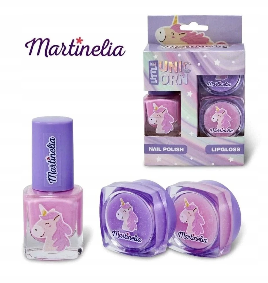 Aquarius MARTINELIA Little Unicorn kosmetikos rinkinys vaikams, 1 nagų lakas, 2 lūpų blizgis (violėtinis)