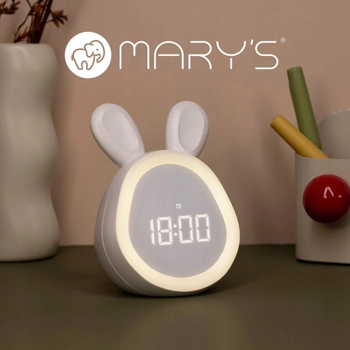 MARY S Žadintuvas dziecięcy Zajączek balta su pašvietimu USB vaikams zegar MARY'S