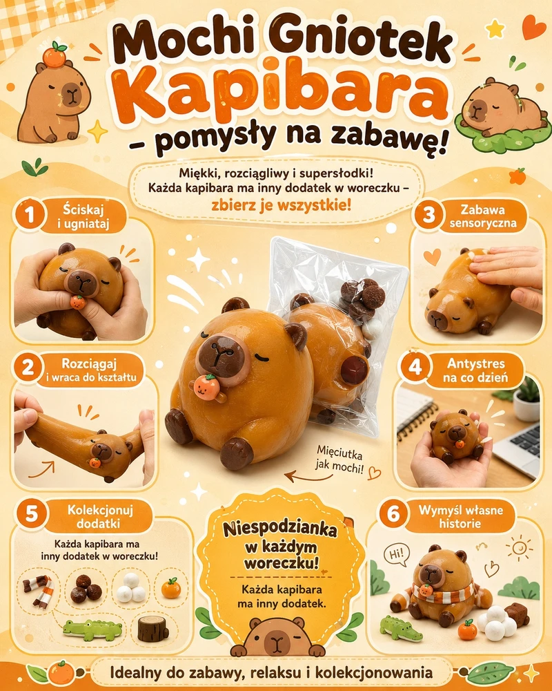 Mas Tex Gniotek KAPIBARA MOCHI antistresinis sensorinis STICKY smėlio spalvos SQUISHY 6 cm