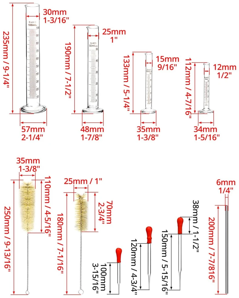 MATAVIMO CILINDRŲ RINKINYS LABORATORIJOS STIKLO MATAVIMO PIPETĖS ŠEPEČIAI