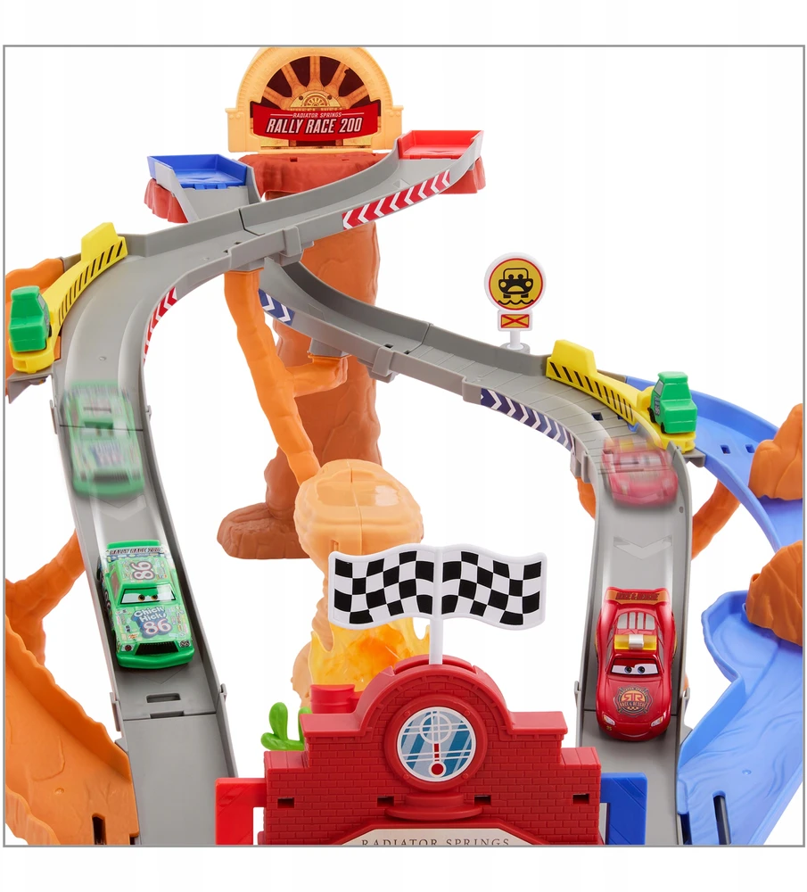 Mattel „Disney Cars“ – Radiator Springs lenktynių ir gelbėjimo gelbėjimo kelio lenktynių rinkinys su 4 žaisliniais automobiliais (JFL57)