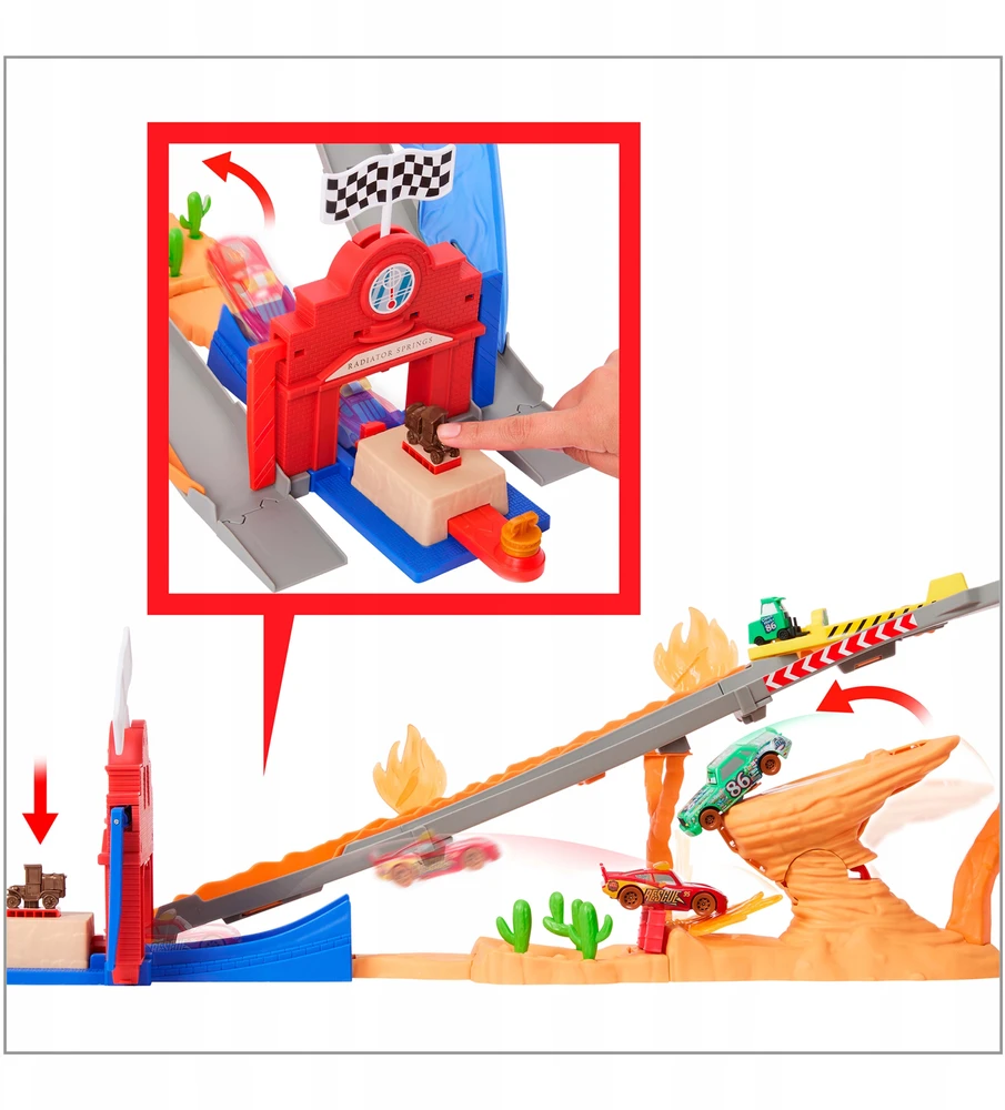 Mattel „Disney Cars“ – Radiator Springs lenktynių ir gelbėjimo gelbėjimo kelio lenktynių rinkinys su 4 žaisliniais automobiliais (JFL57)