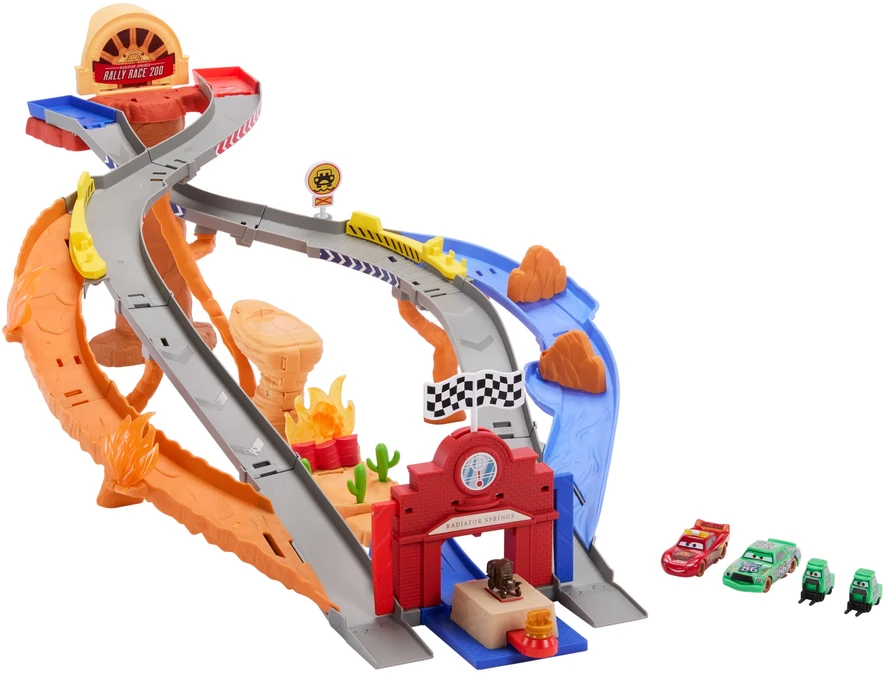 Mattel „Disney Cars“ – Radiator Springs lenktynių ir gelbėjimo gelbėjimo kelio lenktynių rinkinys su 4 žaisliniais automobiliais (JFL57)