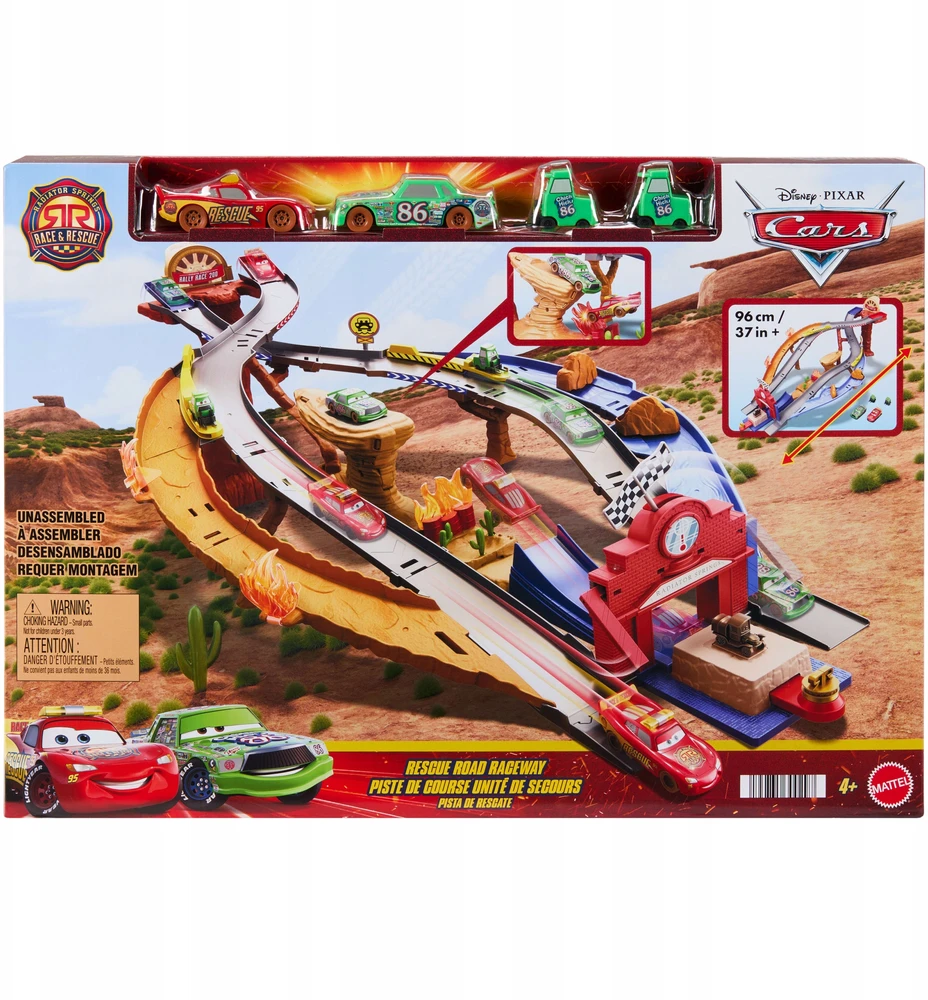 Mattel „Disney Cars“ – Radiator Springs lenktynių ir gelbėjimo gelbėjimo kelio lenktynių rinkinys su 4 žaisliniais automobiliais (JFL57)