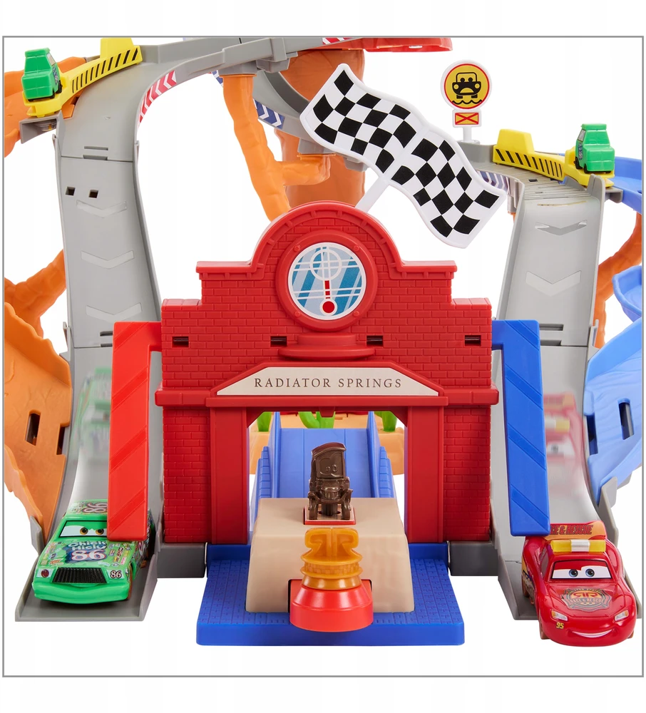 Mattel „Disney Cars“ – Radiator Springs lenktynių ir gelbėjimo gelbėjimo kelio lenktynių rinkinys su 4 žaisliniais automobiliais (JFL57)