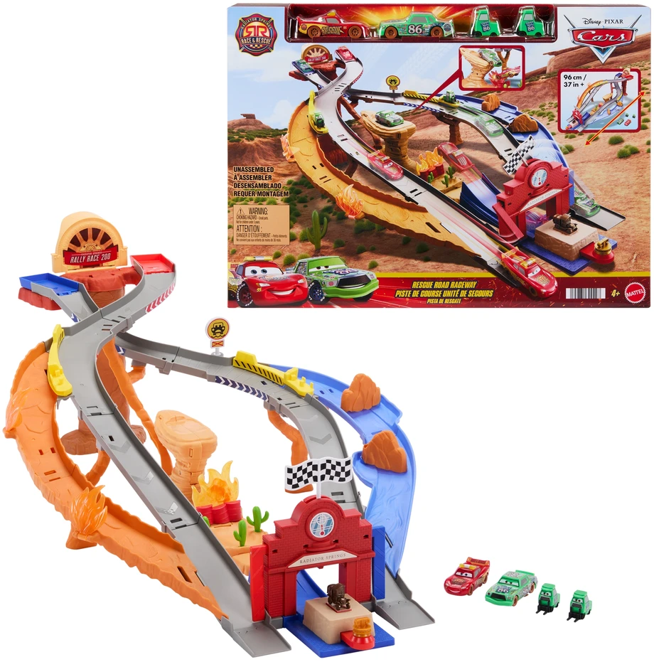 Mattel „Disney Cars“ – Radiator Springs lenktynių ir gelbėjimo gelbėjimo kelio lenktynių rinkinys su 4 žaisliniais automobiliais (JFL57)