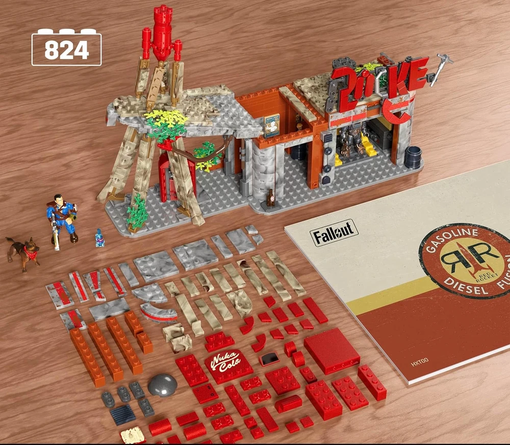 Dėlionė Mattel MEGA FALLOUT BLOCKS Raudona Rocket Station, statybinis komplektas +17 m