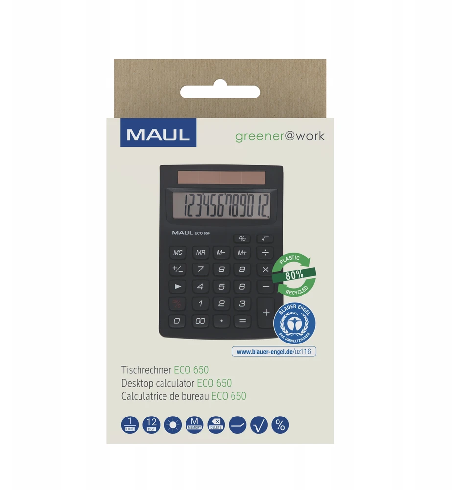 Stalinis skaičiuotuvas MAUL ECO 650, 12 skaitmenų ekranas