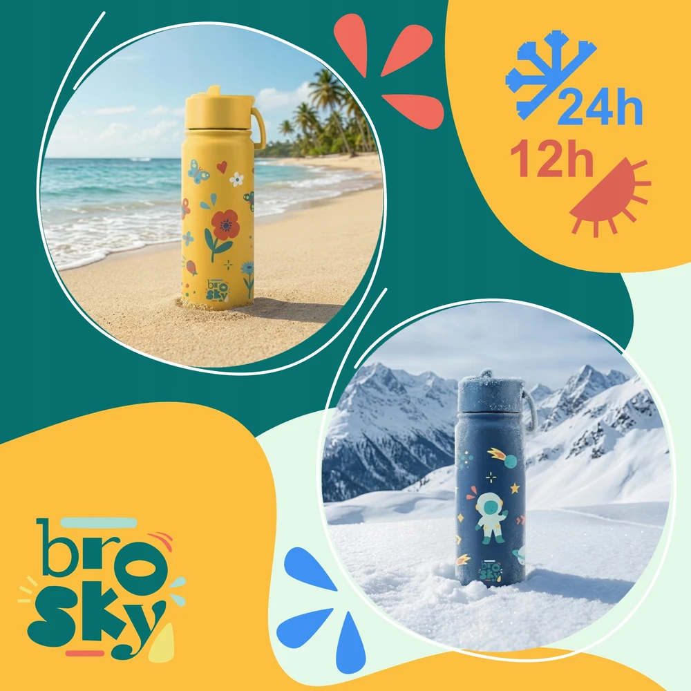 Mažas termo buteliukas su gėlėmis ir vabzdžiais, buteliukas vaikams Brosky Kids 450ml