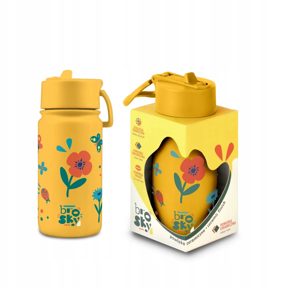 Mažas termo buteliukas su gėlėmis ir vabzdžiais, buteliukas vaikams Brosky Kids 450ml