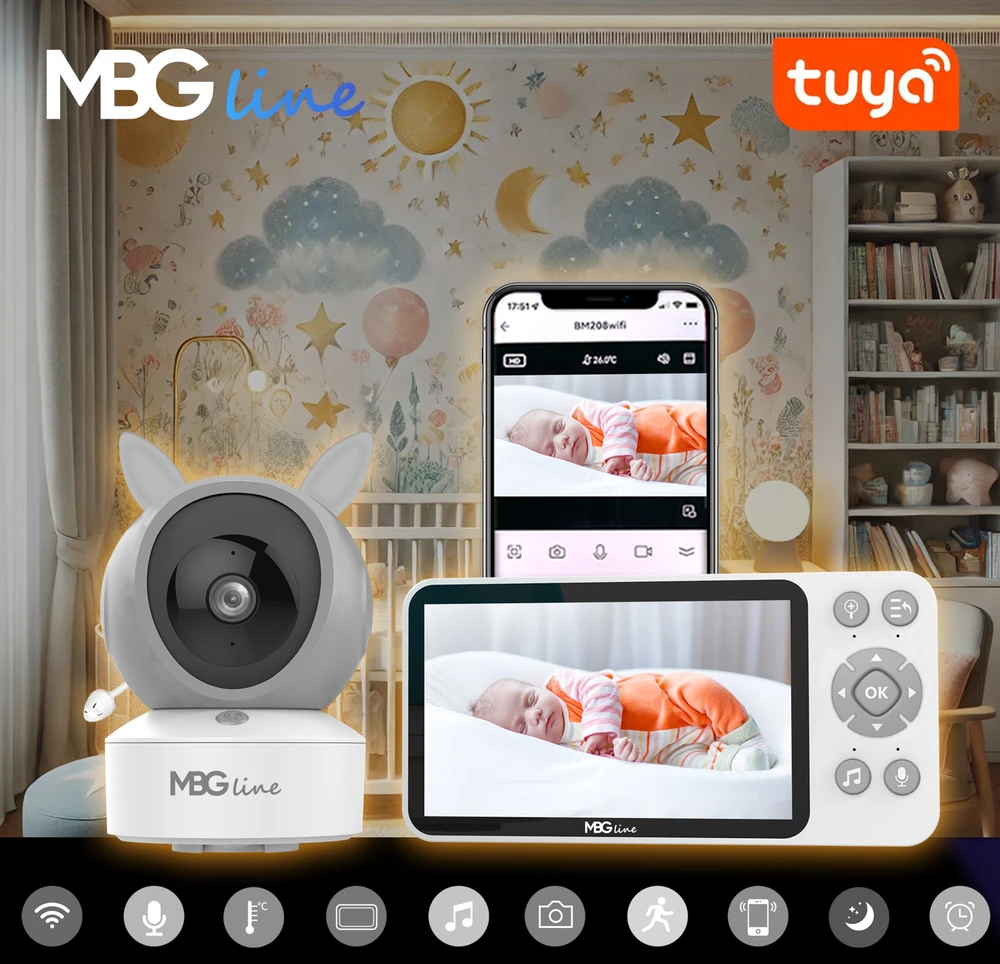 Mbg Line Belaidis sukamasis FHD WIFI elektroninis kūdikio monitorius TUYA LCD ZOOM kamera