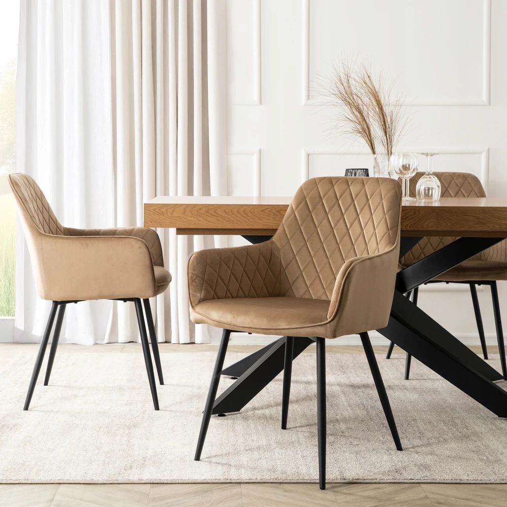 Mebel Elite Minkšta aksominė kėdė svetainei, valgomajam ir virtuvei, rusvai gelsvas BRESSO