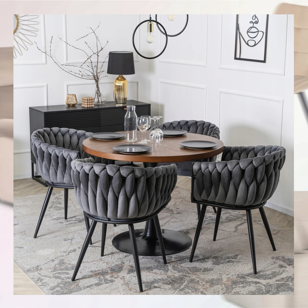 Fotelis Mebel Elite Minkšta kėdė, Glamour Velour ELENA Braided Pilkas, skirta poilsio kambariui valgomajame
