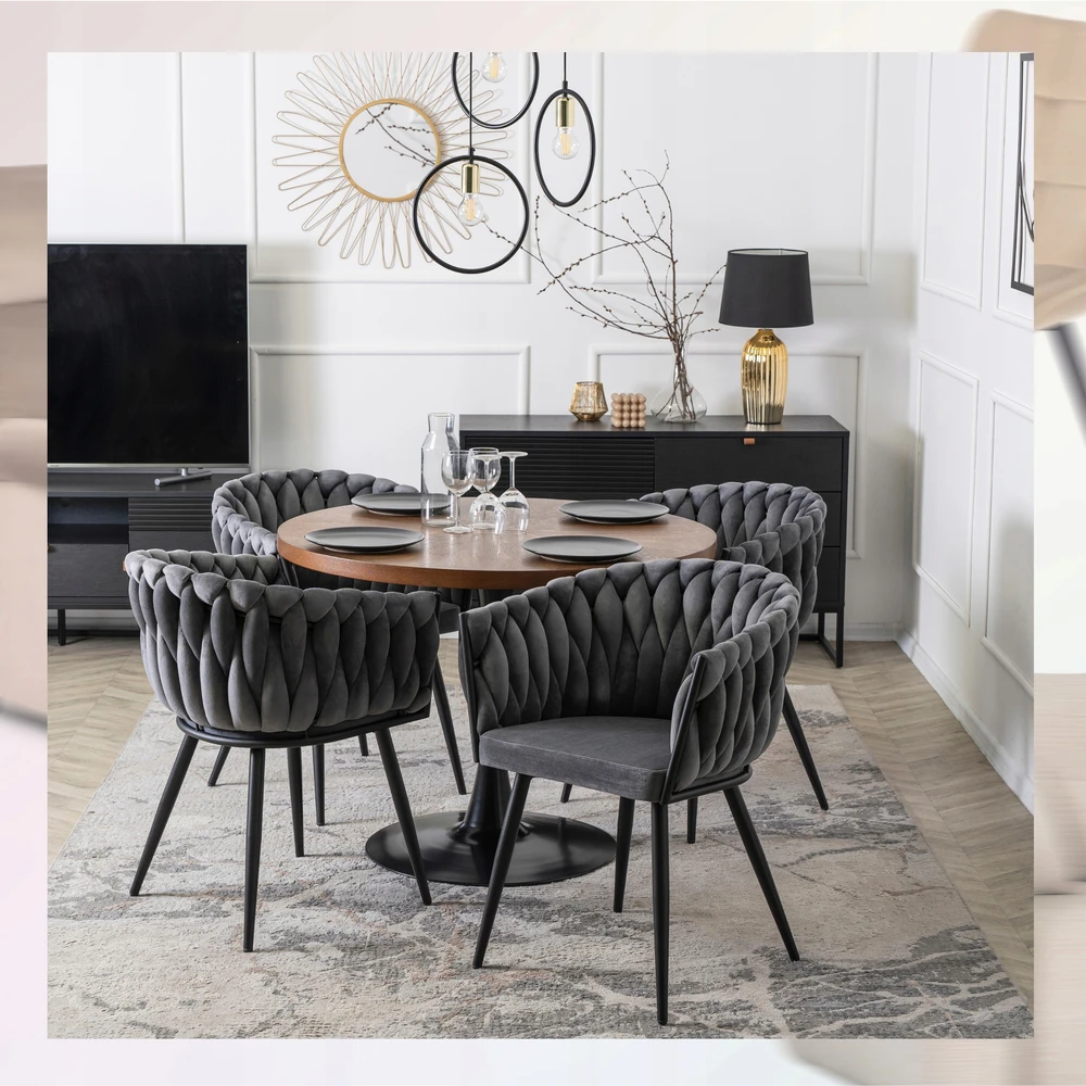 Fotelis Mebel Elite Minkšta kėdė, Glamour Velour ELENA Braided Pilkas, skirta poilsio kambariui valgomajame