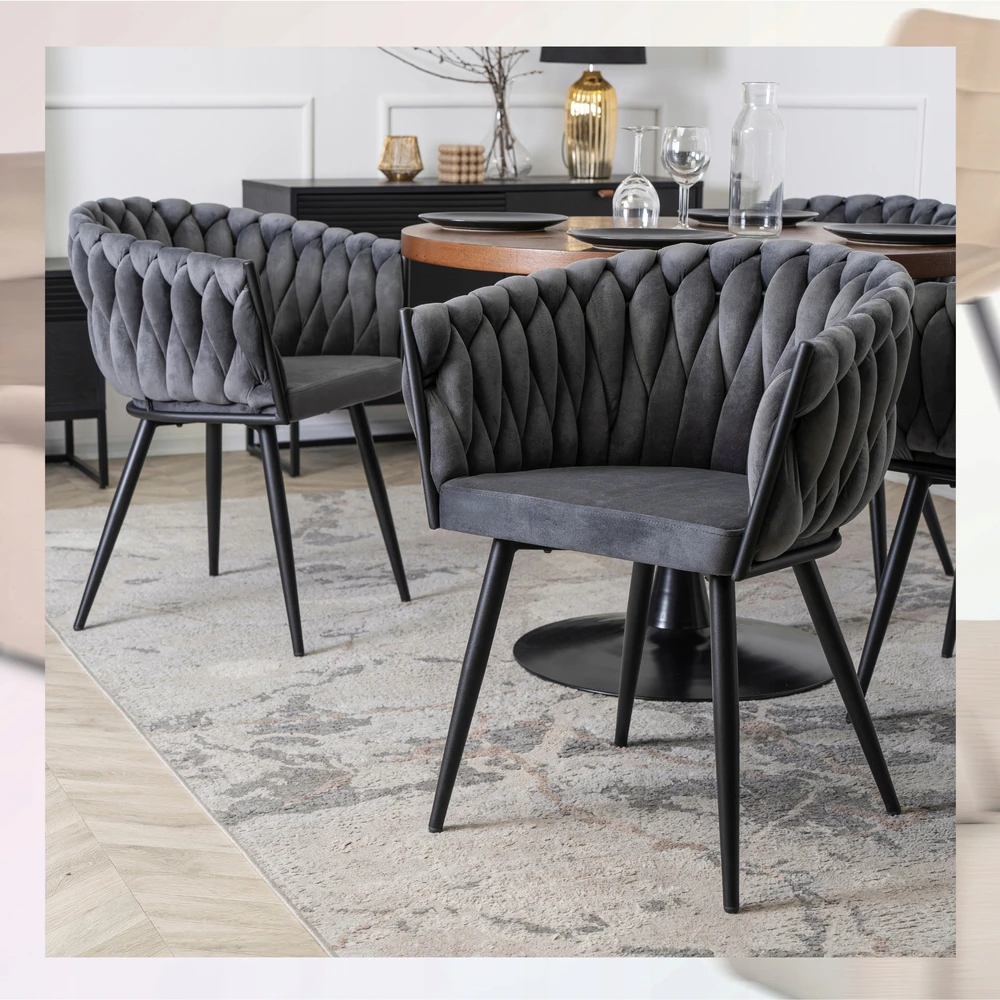 Fotelis Mebel Elite Minkšta kėdė, Glamour Velour ELENA Braided Pilkas, skirta poilsio kambariui valgomajame