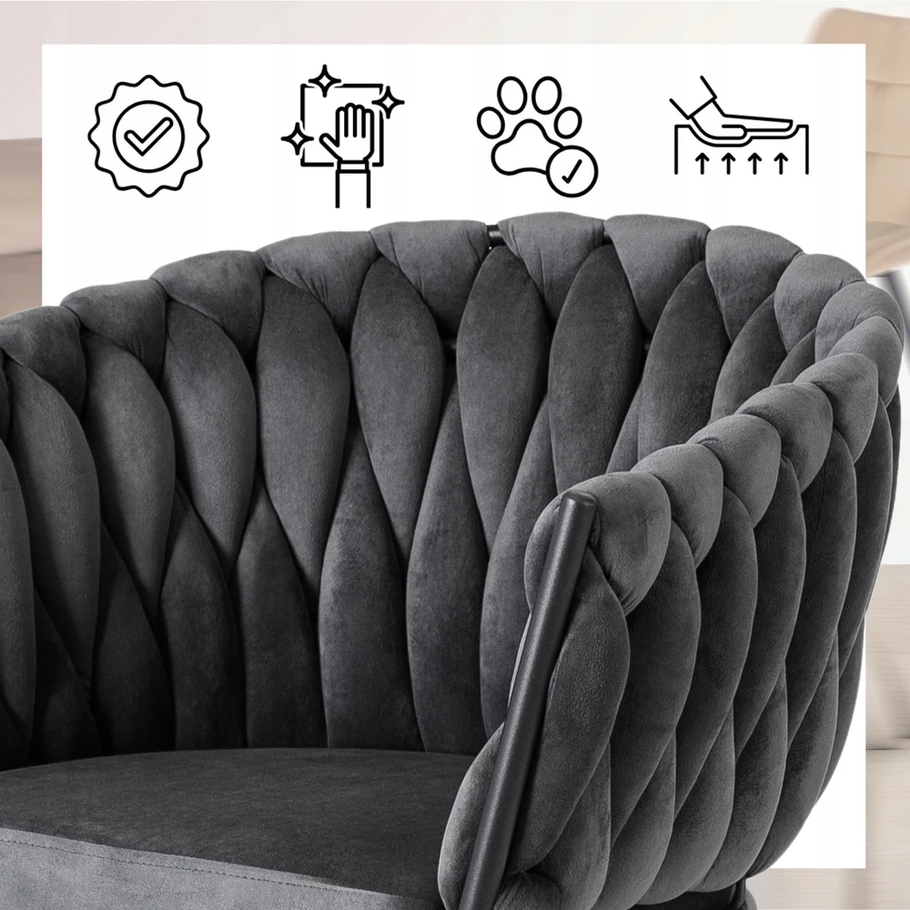 Fotelis Mebel Elite Minkšta kėdė, Glamour Velour ELENA Braided Pilkas, skirta poilsio kambariui valgomajame