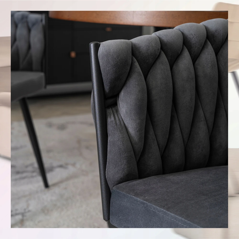 Fotelis Mebel Elite Minkšta kėdė, Glamour Velour ELENA Braided Pilkas, skirta poilsio kambariui valgomajame