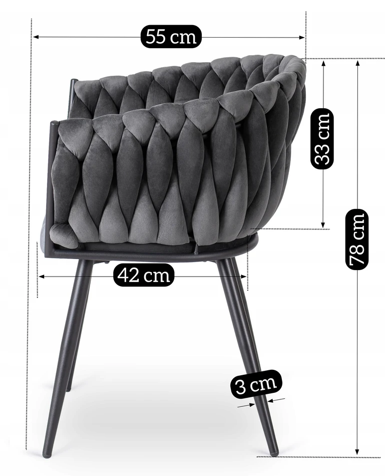 Fotelis Mebel Elite Minkšta kėdė, Glamour Velour ELENA Braided Pilkas, skirta poilsio kambariui valgomajame