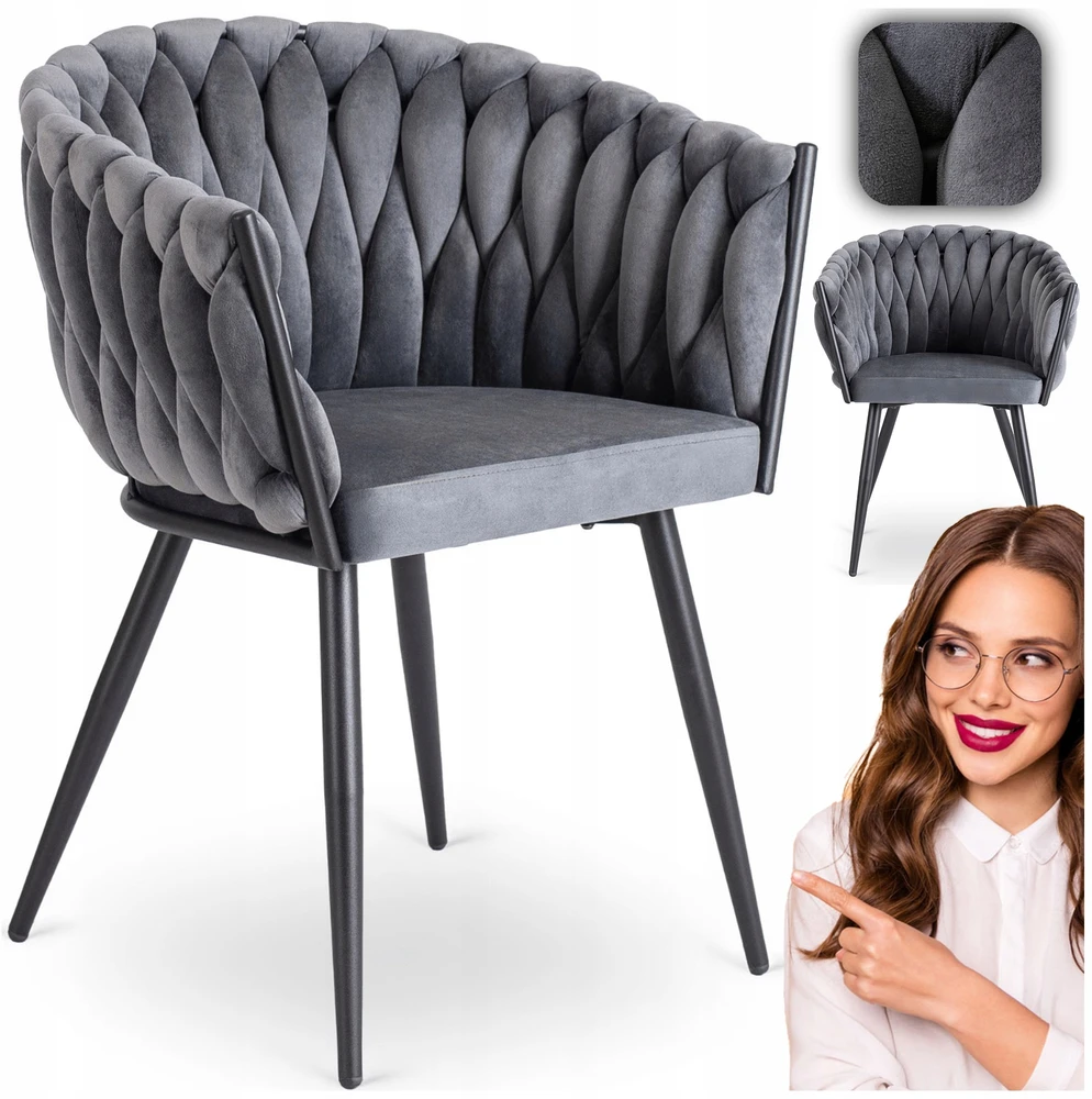 Fotelis Mebel Elite Minkšta kėdė, Glamour Velour ELENA Braided Pilkas, skirta poilsio kambariui valgomajame