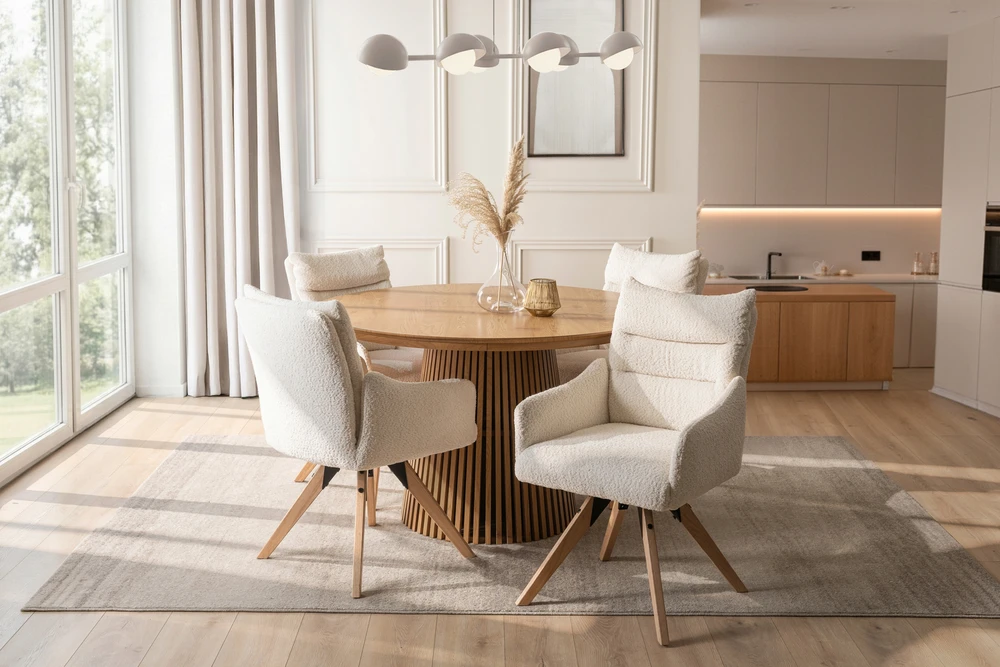 Fotelis Mebel Elite WILLA kreminės spalvos modernus buklė apmuštas besisukantis krėslas