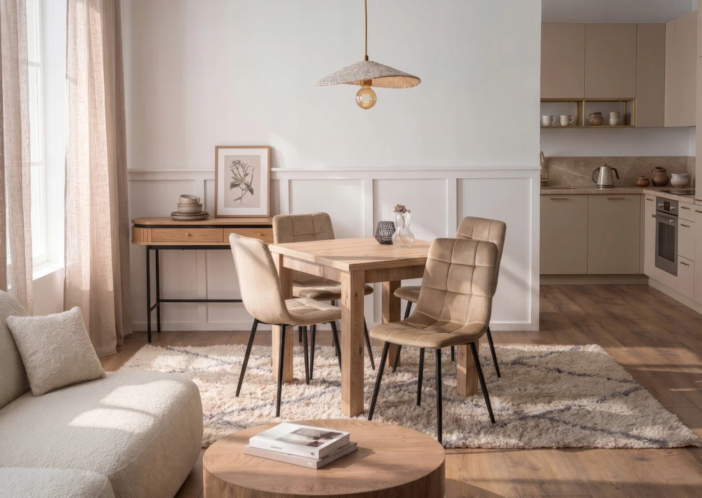 Mebel Elite Peru Valgomojo kėdė, apmuštas, PERU, smėlio spalvos, aksominis, modernus loftas