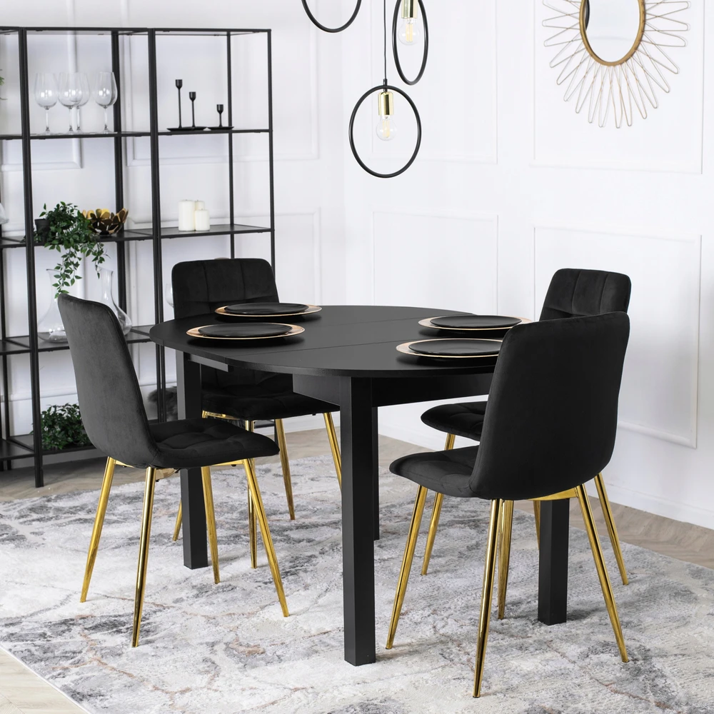 Mebel Elite Veliūrinė kėdė valgomojo kambariui Glamour aukso kojos svetainė kosmetiniam staliukui juoda YORK