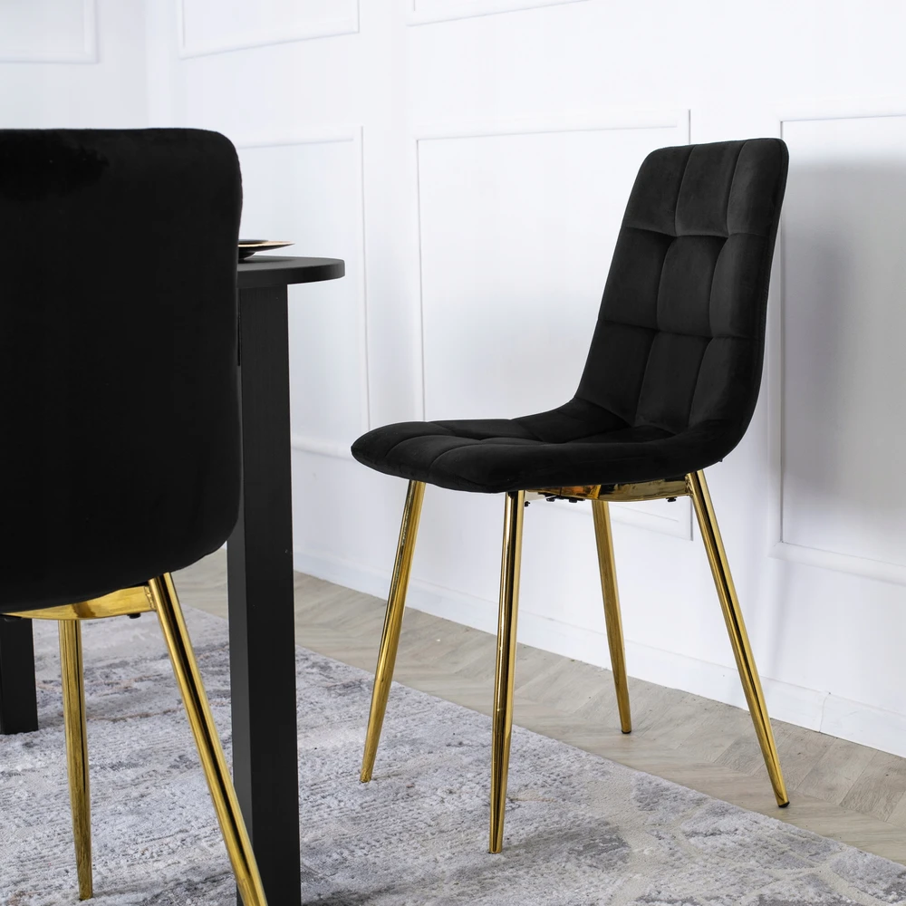 Mebel Elite Veliūrinė kėdė valgomojo kambariui Glamour aukso kojos svetainė kosmetiniam staliukui juoda YORK
